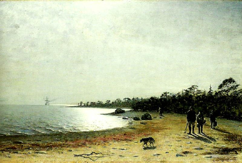 Eugene Jansson kustlandskap med figurer och hund pa sandstrand china oil painting image